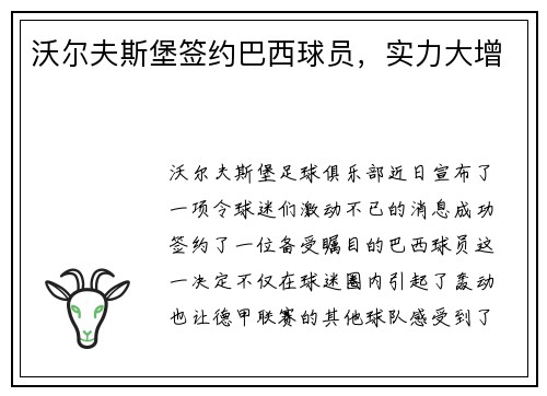 沃尔夫斯堡签约巴西球员，实力大增